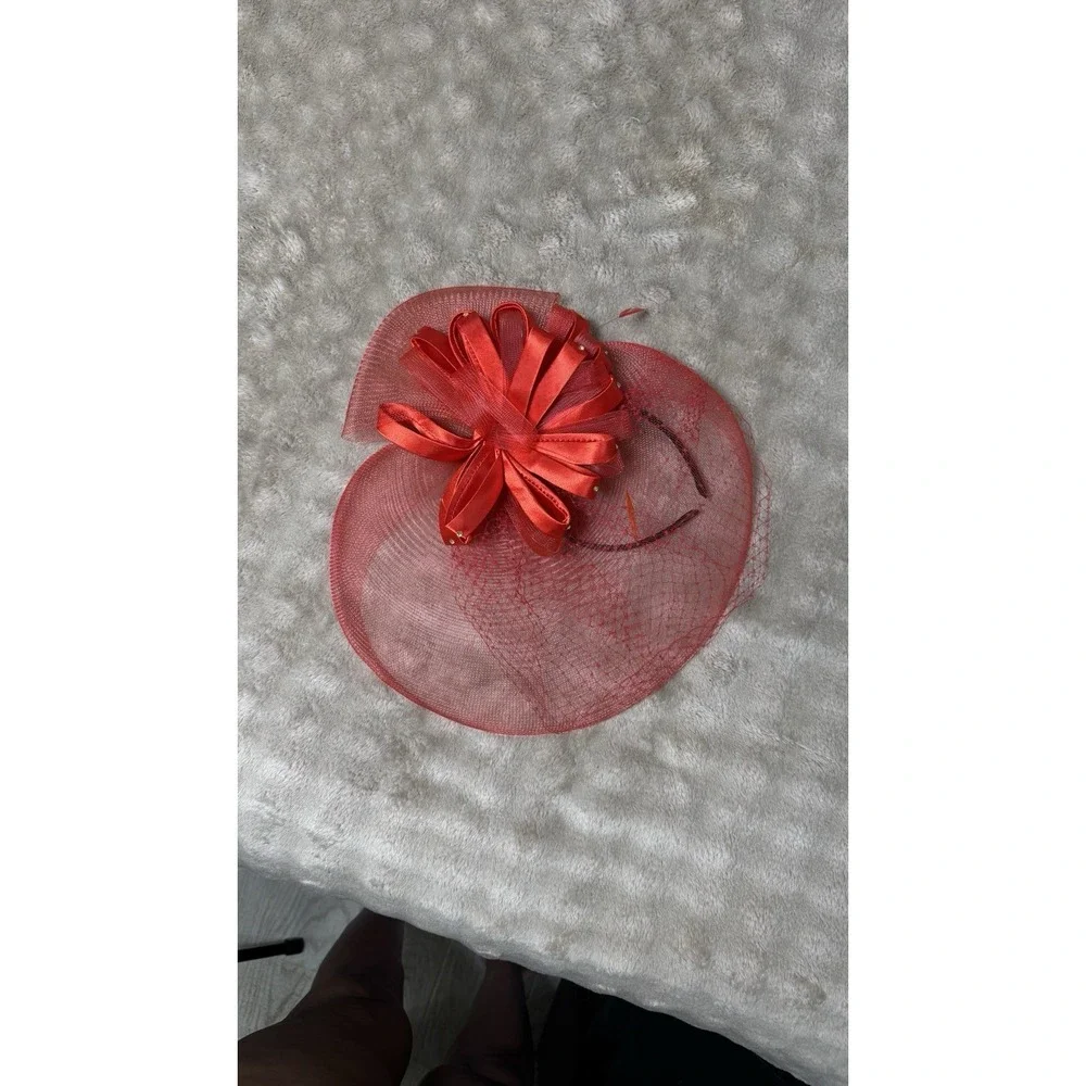 Red Fascinator Hat Headband Mesh Veil